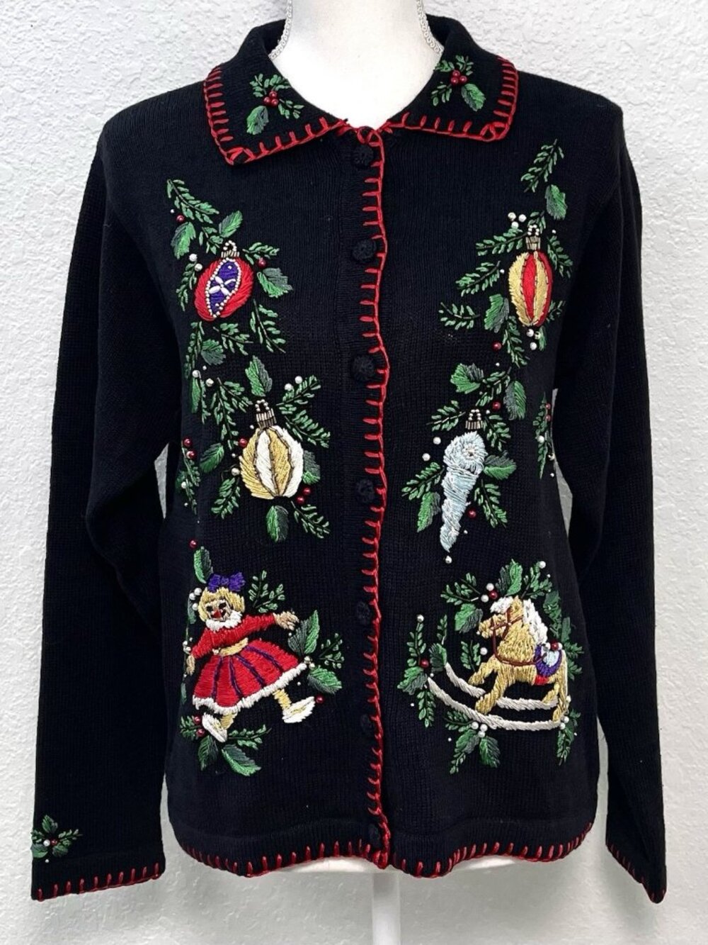 VTG B.P. DESIGN Womens SMALL Black Not Ugly Embroidered Beaded Christmas SWEATER